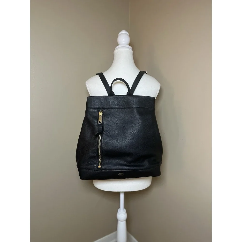 Vince Camuto Women's Madox Backpack Black Leather Metallic Gold Logo Travel Bag